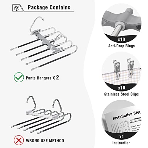 TECHMILLY Magic Pants Hangers Space Saving with Clips, 2 Pack Non-Slip Closet Organizer Hanger, Multi Use 5 in 1 Pants Rack Hanger for Jeans, Trousers, Leggings (Gray)