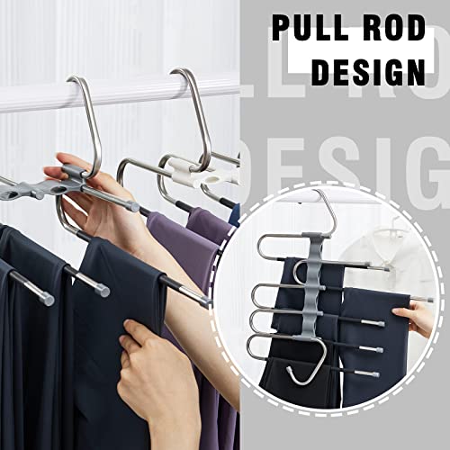 TECHMILLY Magic Pants Hangers Space Saving with Clips, 2 Pack Non-Slip Closet Organizer Hanger, Multi Use 5 in 1 Pants Rack Hanger for Jeans, Trousers, Leggings (Gray)