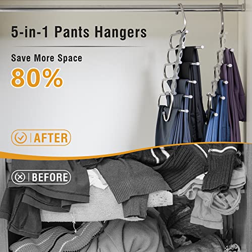 TECHMILLY Magic Pants Hangers Space Saving with Clips, 2 Pack Non-Slip Closet Organizer Hanger, Multi Use 5 in 1 Pants Rack Hanger for Jeans, Trousers, Leggings (Gray)