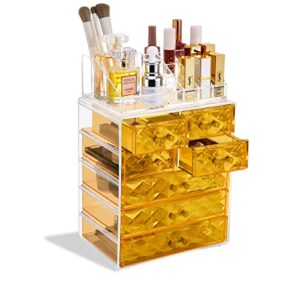 comvtupy clear makeup organizer with brush holder, large acrylic cosmetic display cases diamond pattern make up organizers and storage for vanity, bathroom (3 large, 4 small drawers, yellow)