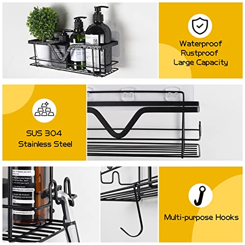 SIXDOVE Shower Caddies 2 PACK - No Drilling Adhesive Shower Organizer with Hooks, Rustproof SUS304 Stainless Steel Bathroom Shower Shelf, Shower Rack Large Shower Holder & Kitchen Storage(Matte Black)