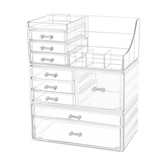 cq acrylic clear makeup organizer and storage stackable skin care cosmetic display case with 9 drawers make up stands for jewelry hair accessories beauty skincare product organizing