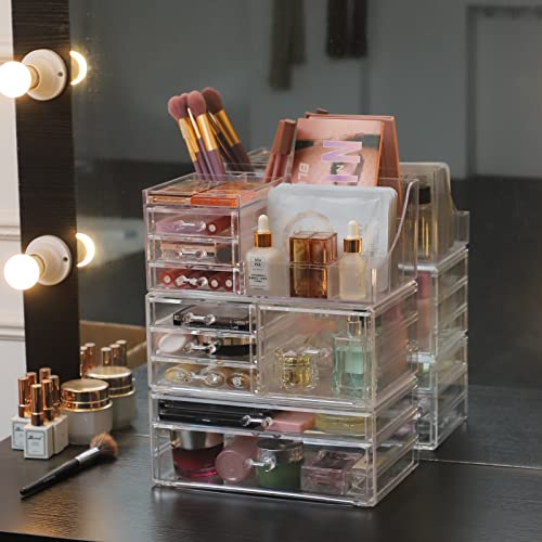 Cq acrylic Clear Makeup Organizer And Storage Stackable Skin Care Cosmetic Display Case With 9 Drawers Make up Stands For Jewelry Hair Accessories Beauty Skincare Product Organizing