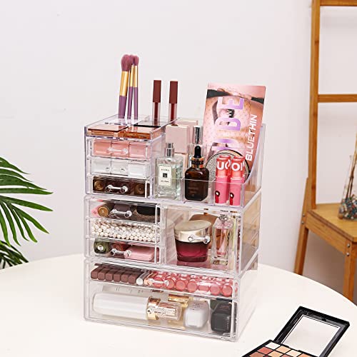 Cq acrylic Clear Makeup Organizer And Storage Stackable Skin Care Cosmetic Display Case With 9 Drawers Make up Stands For Jewelry Hair Accessories Beauty Skincare Product Organizing