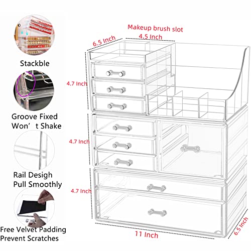 Cq acrylic Clear Makeup Organizer And Storage Stackable Skin Care Cosmetic Display Case With 9 Drawers Make up Stands For Jewelry Hair Accessories Beauty Skincare Product Organizing