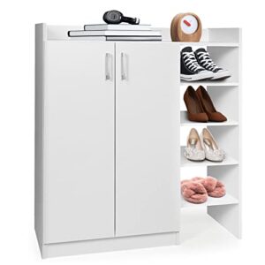 giantex shoe cabinet, freestanding shoe rack storage organizer with 5-postition adjustable shelves, 2-door storage cabinet with 5 open compartments for entryway hallway living room (white)