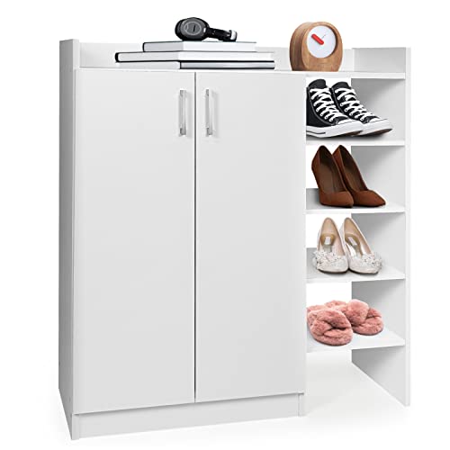 Giantex Shoe Cabinet, Freestanding Shoe Rack Storage Organizer with 5-Postition Adjustable Shelves, 2-Door Storage Cabinet with 5 Open Compartments for Entryway Hallway Living Room (White)