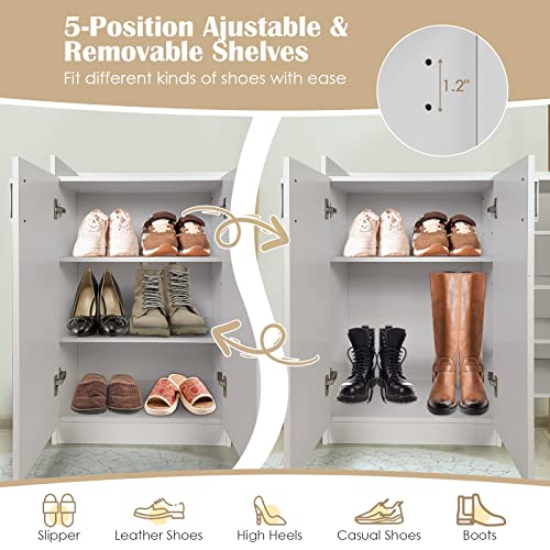 Giantex Shoe Cabinet, Freestanding Shoe Rack Storage Organizer with 5-Postition Adjustable Shelves, 2-Door Storage Cabinet with 5 Open Compartments for Entryway Hallway Living Room (White)