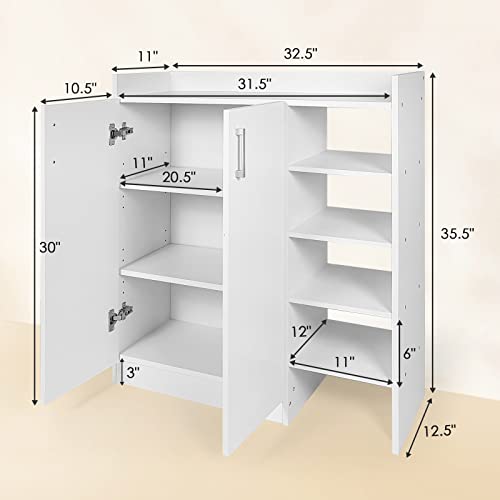 Giantex Shoe Cabinet, Freestanding Shoe Rack Storage Organizer with 5-Postition Adjustable Shelves, 2-Door Storage Cabinet with 5 Open Compartments for Entryway Hallway Living Room (White)