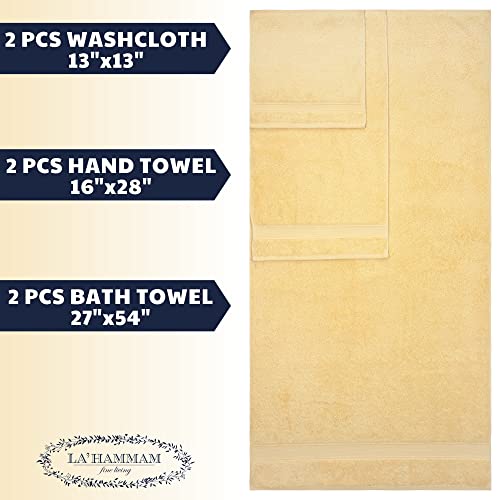 LA HAMMAM 6 Piece Towel Set - 2 Bath Towels, 2 Hand Towels, 2 Washcloths for Bathroom, College Dorm, Kitchen, Shower, Pool, Hotel, Gym & Spa | Soft & Absorbent Turkish Cotton Towel Sets - Yellow