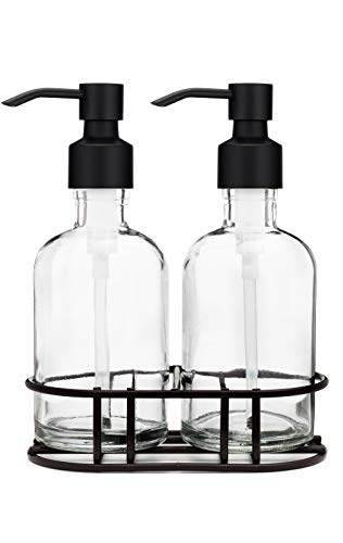 Rail19 Glass Hand and Soap Dispenser Set with Metal Pump - Includes Metal Caddy, 8oz (Cali Black)