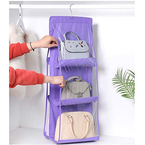 Mistshopy 6 Pocket Hanging Purse Handbag Tote Bag Organizer Storage Bag Foldable Closet Rack Bag Hanger (Purple)