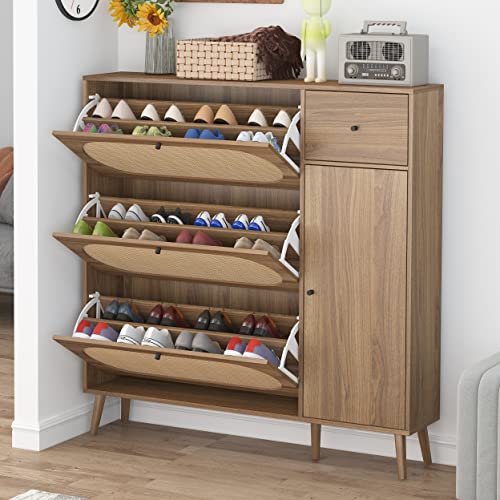 Henf Rattan Shoe Cabinet, Modern Shoe Cabinet Rack with 3 Flip Drawers and Storage Cabinet, Freestanding Shoe Rack Storage Organizer Narrow Shoe Cabinet for Entrance Hallway(Walnut)