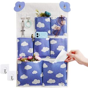 gospelle wall hanging storage bag,over the door organizer pocket ,premium linen fabric pouches for closet,living room,bedroom,bathroom (blue sky white clouds)