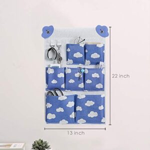 Gospelle Wall Hanging Storage Bag,Over The Door Organizer Pocket ,Premium Linen Fabric Pouches for Closet,Living Room,Bedroom,Bathroom (Blue Sky White Clouds)