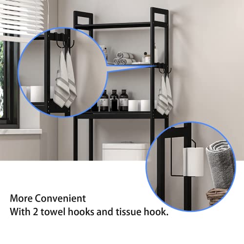 Bonzy Home Over The Toilet Storage, Bamboo 3 Tier Bathroom Organizer Space Saver Bathroom Shelf Freestanding Toilet Stands with Hooks