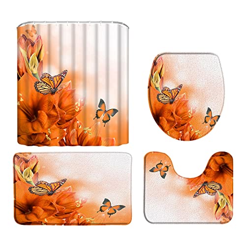 WIYKMK 4pcs Flower Butterfly Shower Curtain Set with Rug Orange Floral Dream Spring Blossom Beautiful Animal Wings Nature Garden Bathroom Set with Hooks(Bath Mat,U Shape and Toilet Lid Cover Mat)