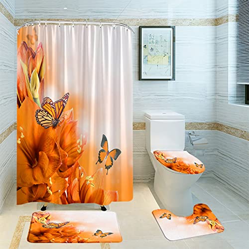 WIYKMK 4pcs Flower Butterfly Shower Curtain Set with Rug Orange Floral Dream Spring Blossom Beautiful Animal Wings Nature Garden Bathroom Set with Hooks(Bath Mat,U Shape and Toilet Lid Cover Mat)