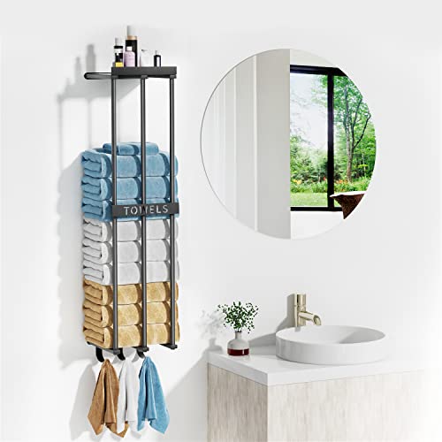 Towel Racks for Bathroom Wall Mounted Towel Holder Towels Organizer and Storage with 3 Hooks,1 Shelf,3 Bar Bathroom Organization Stainless Steel for Swimming Pool,Spa,Salon (Black 3 Bar)