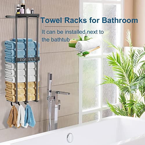 Towel Racks for Bathroom Wall Mounted Towel Holder Towels Organizer and Storage with 3 Hooks,1 Shelf,3 Bar Bathroom Organization Stainless Steel for Swimming Pool,Spa,Salon (Black 3 Bar)