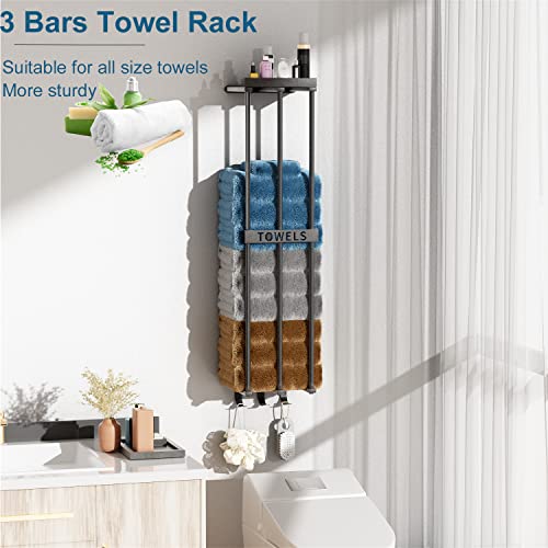 Towel Racks for Bathroom Wall Mounted Towel Holder Towels Organizer and Storage with 3 Hooks,1 Shelf,3 Bar Bathroom Organization Stainless Steel for Swimming Pool,Spa,Salon (Black 3 Bar)