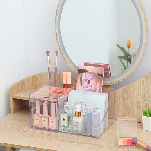 Clear Makeup Organizer With Drawers,Stackable Cosmetic Storage Display Case for Vanity,Bathroom Counter or Dresser,Countertop Holder for Lipstick,Brushes,Lotions,Eyeshadow,Nail Polish and Jewelry