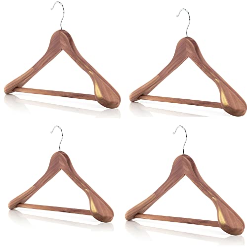 Wahdawn 4-Pack Cedar Coat Hanger /w Pants Bar, Finish Smooth Surface Well Dried Heavy Duty Cedarwood Suit Jacket Hanger, 50 Cedar Balls