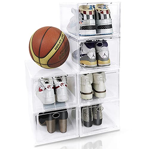 lidisslet 6 Pack Shoe Organizer Boxes, Clear Plastic Stackable Shoe Organizer for Closet, Easy Assembly,Space Saving Shoe Holder Sneaker Display Case Fit up to US Size 12 (Clear)