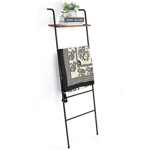 Blanket Ladder Wall Leaning Blanket Rack Farmhouse 5-Tier Metal Blanket Holder with Shelf Bath Towel Storage for Bathroom Quilt Bedroom Living Room Pool Black