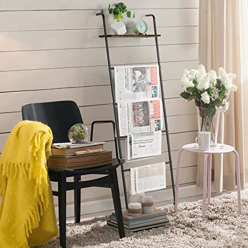 Blanket Ladder Wall Leaning Blanket Rack Farmhouse 5-Tier Metal Blanket Holder with Shelf Bath Towel Storage for Bathroom Quilt Bedroom Living Room Pool Black