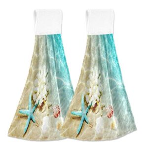 KOCOART Summer Starfish Seashell Hand Towels Beach Hanging Tie Towel with Loop 2PCS, Fingertip Dish Towel for Kitchen Bathroom Soft Super Absorbent Washcloth 12x17 in