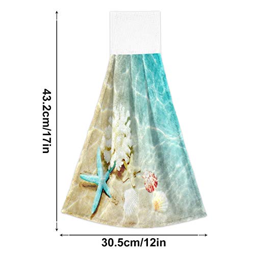 KOCOART Summer Starfish Seashell Hand Towels Beach Hanging Tie Towel with Loop 2PCS, Fingertip Dish Towel for Kitchen Bathroom Soft Super Absorbent Washcloth 12x17 in