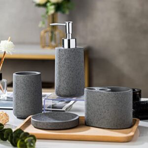 Artchirly 4 Piece Bath Accessory Set for Vanity Countertops,Grey Stone Color/Cement Grey Color Concrete,Made of Cement Luxury Ensemble Dish,Lotion Dispenser,Soap Dish,Tooth Mug,and Toothbrush Holder