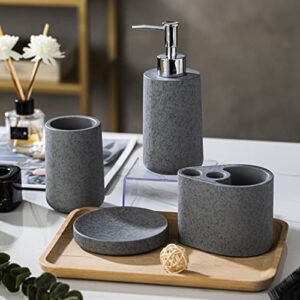 Artchirly 4 Piece Bath Accessory Set for Vanity Countertops,Grey Stone Color/Cement Grey Color Concrete,Made of Cement Luxury Ensemble Dish,Lotion Dispenser,Soap Dish,Tooth Mug,and Toothbrush Holder