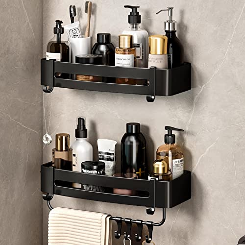 KINFAVOU Shower Caddy No Drilling, 2 Tiers - Shower Shelf for Inside Shower with Towel Bar and Hooks (Matte Black)