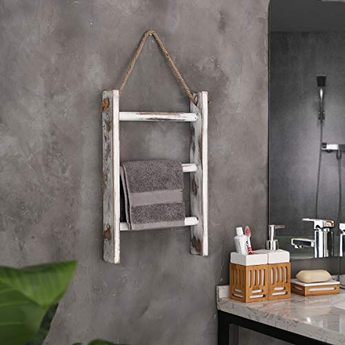 MyGift Rustic Whitewashed Solid Wood Wall Hanging Hand Towel Ladder Drying Rack, 3 Tier Bathroom Washcloth Hand Towel Storage Rack with Hanger Rope