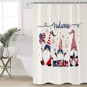 Independence Day Bathroom Sets with Shower Curtains, 4 PCS Shower Curtain Sets with Anti-Skid U-Shaped Contour Rugs Toilet Lid Cover and Cozy Bath Mat Happy Gnomes and Celebrating Fireworks