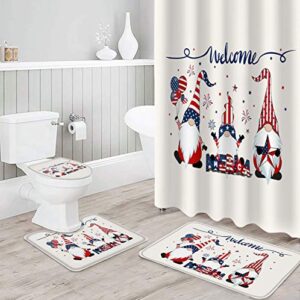 Independence Day Bathroom Sets with Shower Curtains, 4 PCS Shower Curtain Sets with Anti-Skid U-Shaped Contour Rugs Toilet Lid Cover and Cozy Bath Mat Happy Gnomes and Celebrating Fireworks