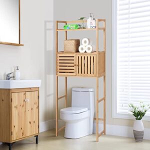 finnhomy over the toilet storage cabinet with doors, over toilet bathroom organizer, 3-tier bathroom space saver organizer with shelf, multifunctional toilet rack, natural bamboo