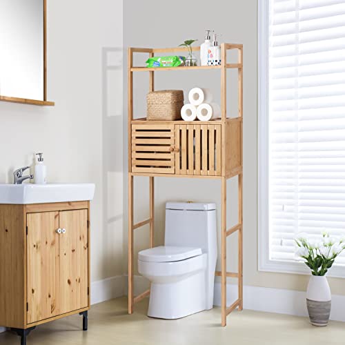 Finnhomy Over The Toilet Storage Cabinet with Doors, Over Toilet Bathroom Organizer, 3-Tier Bathroom Space Saver Organizer with Shelf, Multifunctional Toilet Rack, Natural Bamboo