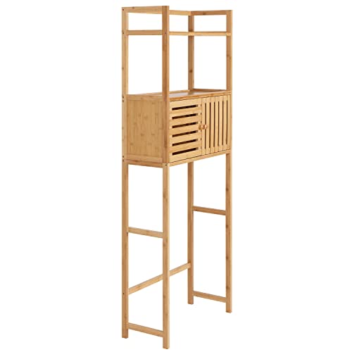 Finnhomy Over The Toilet Storage Cabinet with Doors, Over Toilet Bathroom Organizer, 3-Tier Bathroom Space Saver Organizer with Shelf, Multifunctional Toilet Rack, Natural Bamboo