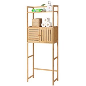 Finnhomy Over The Toilet Storage Cabinet with Doors, Over Toilet Bathroom Organizer, 3-Tier Bathroom Space Saver Organizer with Shelf, Multifunctional Toilet Rack, Natural Bamboo