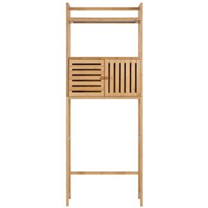 Finnhomy Over The Toilet Storage Cabinet with Doors, Over Toilet Bathroom Organizer, 3-Tier Bathroom Space Saver Organizer with Shelf, Multifunctional Toilet Rack, Natural Bamboo