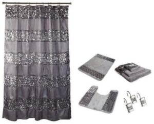 popular bath 7 piece sinatra silver shower curtain, resin hooks, towels and rugs set