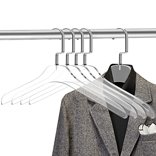 Quality Clear Acrylic Lucite Coat Suit Hangers, Stylish Clothes Hanger with Silver Hook - Coat Hanger for Dress, Suit - Closet Organizer Adult Hangers Gloss Silver Chrome 5 Pcs