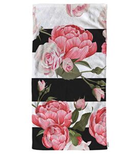 ofloral peony and rose floral hand towels cotton washcloths,pink flower green leaves with black white stripes soft towels for bathroom kitchen,hand towel 15x30 inch