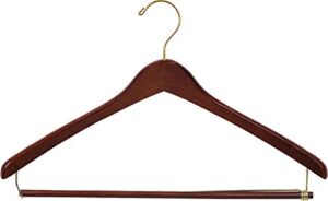 oversized walnut finish wood suit hanger with locking bar in 18" length x 1/2" thick with contoured body and brass hardware, box of 50