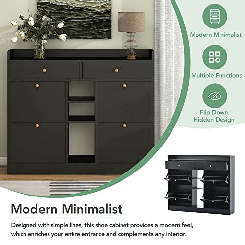 Merax Modern Free Standing Shoe Rack with 4 Flip, Multifunctional 2-Tier Storage Cabinet with Drawers for Entrance Hallway, 50.7 inch Length, Black