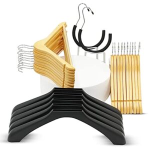 wooden hangers 20 pack- extras included- 5 shoulder shapers - 2 bag or scarf hangers- 3 hanger options in 1 box- non-slip pants bar, rotating hook, rounded notches- great suit hangers- 27 total pieces