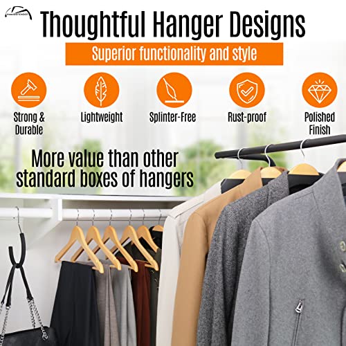 Wooden Hangers 20 Pack- Extras Included- 5 Shoulder Shapers - 2 Bag or Scarf Hangers- 3 Hanger Options in 1 Box- Non-Slip Pants Bar, Rotating Hook, Rounded Notches- Great Suit Hangers- 27 Total Pieces